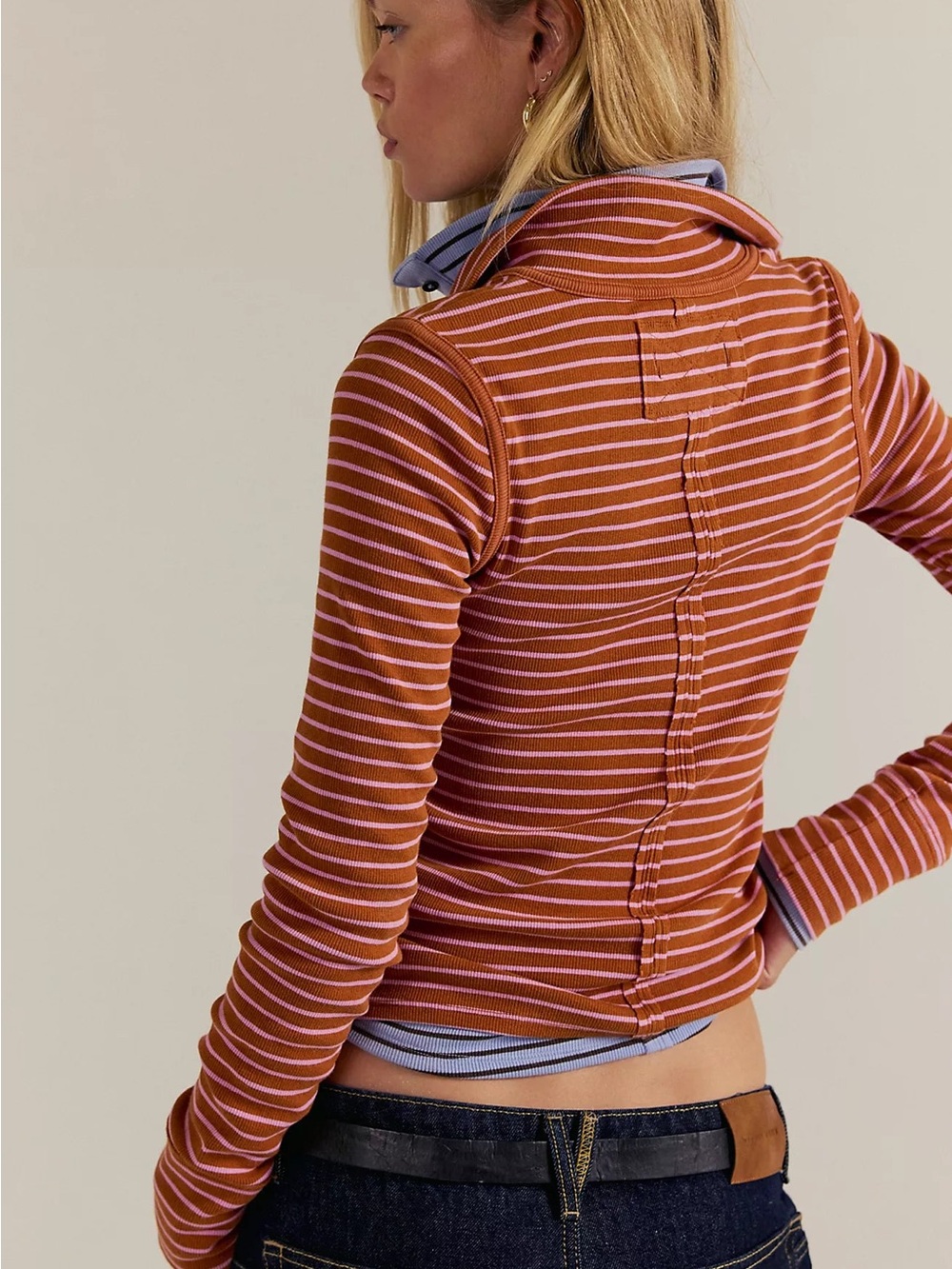 Free People We The Free Lake Henley Striped Ribbed Button Long Sleeve Brown Pink - Picture 4 of 6
